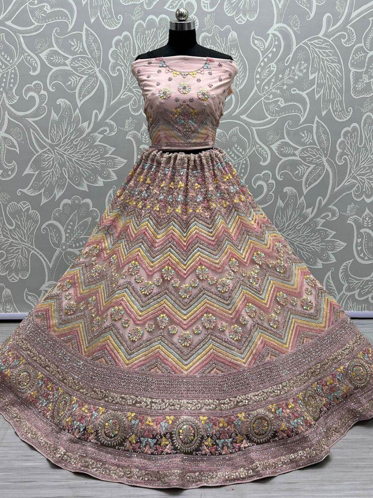 Incredible Light Pink Thread Embroidered Net Lehenga Choli
