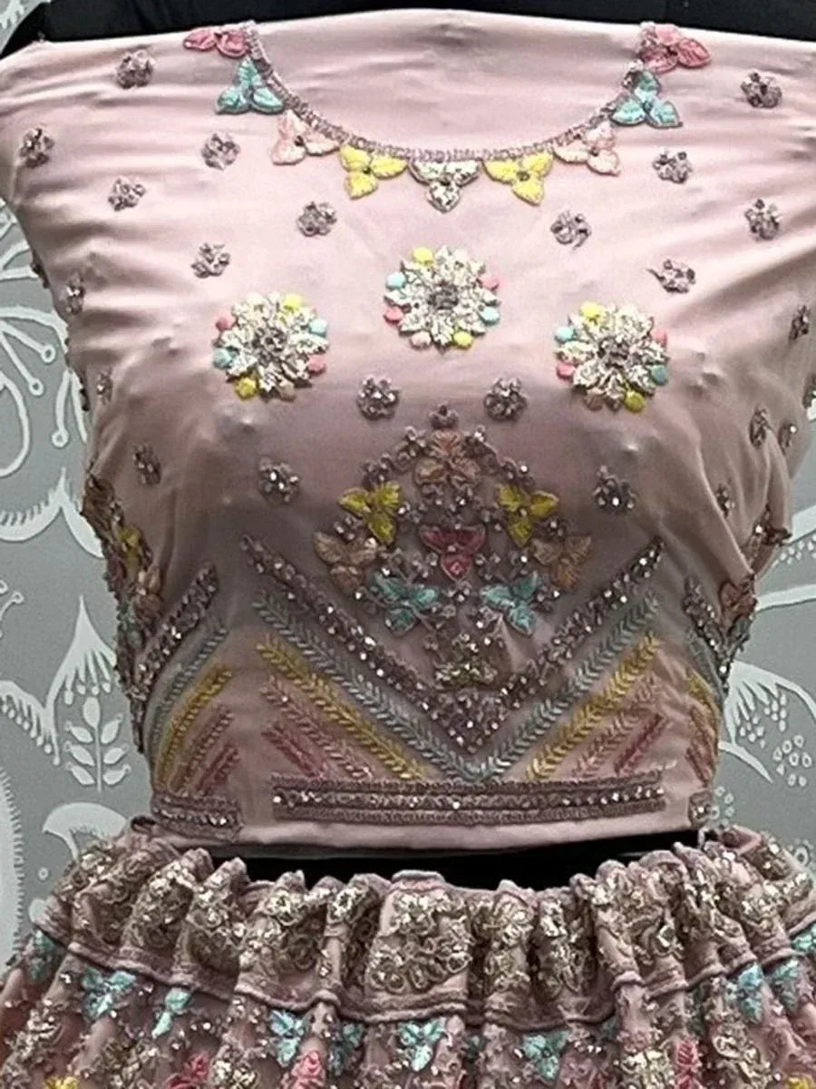 Pink designer lehenga choli with floral butterfly embroidery and sequin work, ethnic wear