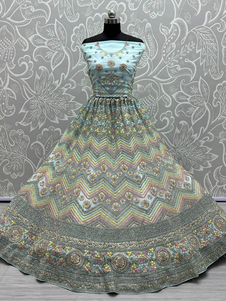 Ravishing Sky Blue Embroidered Net Wedding Wear Lehenga Choli
