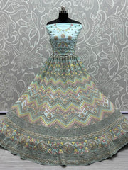 Ravishing Sky Blue Embroidered Net Wedding Wear Lehenga Choli