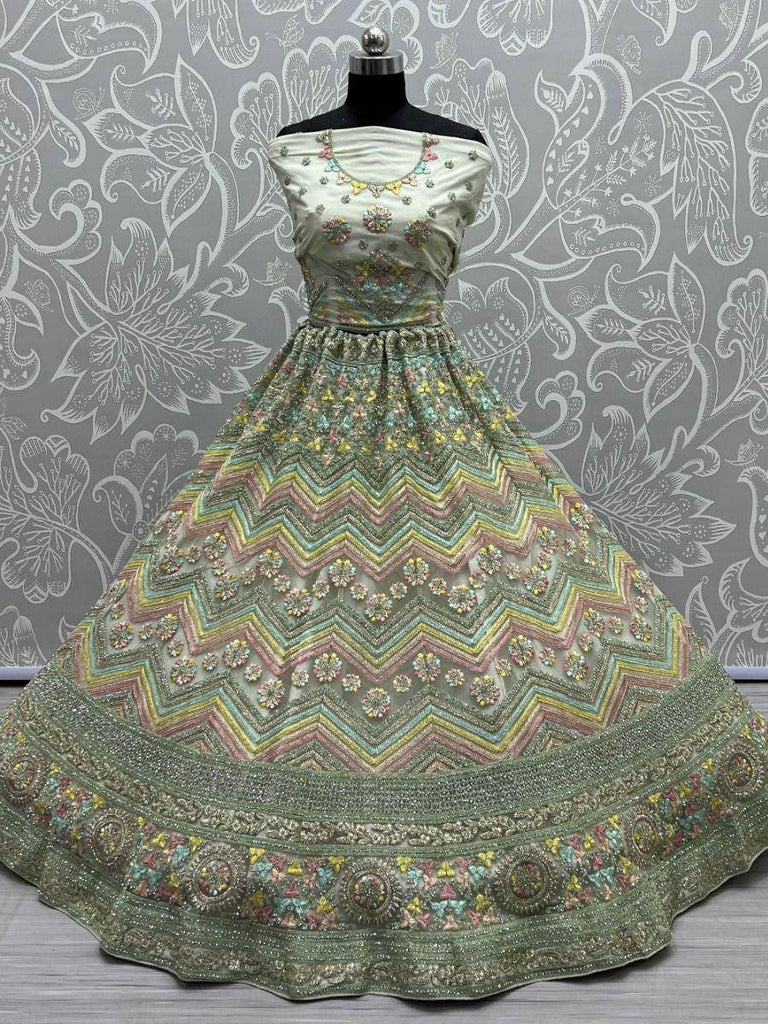 Pleasant Pastel Green Embroidered Net Lehenga Choli With Dupatta