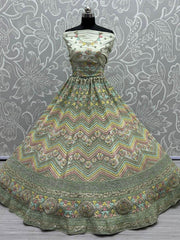 Pleasant Pastel Green Embroidered Net Lehenga Choli With Dupatta