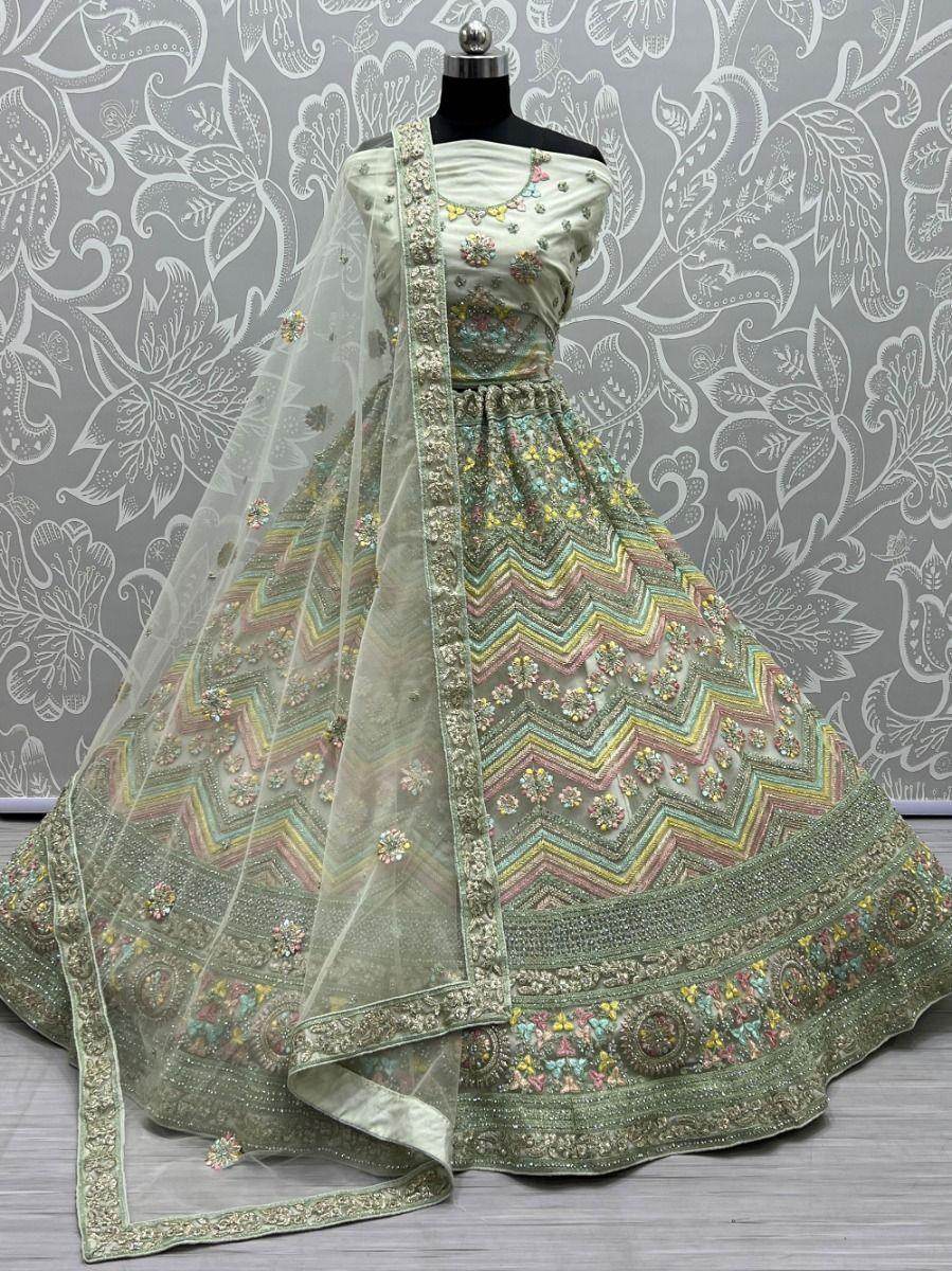 Pleasant Pastel Green Embroidered Net Lehenga Choli With Dupatta