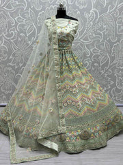 Pleasant Pastel Green Embroidered Net Lehenga Choli With Dupatta