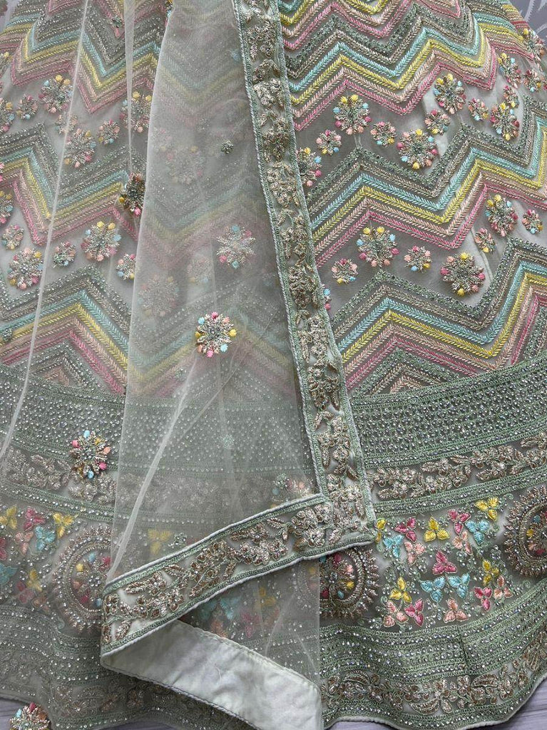Pleasant Pastel Green Embroidered Net Lehenga Choli With Dupatta