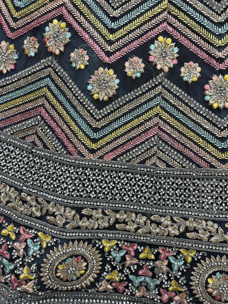 Black ethnic wear with colorful floral and butterfly embroidery, perfect for designer lehenga or saree