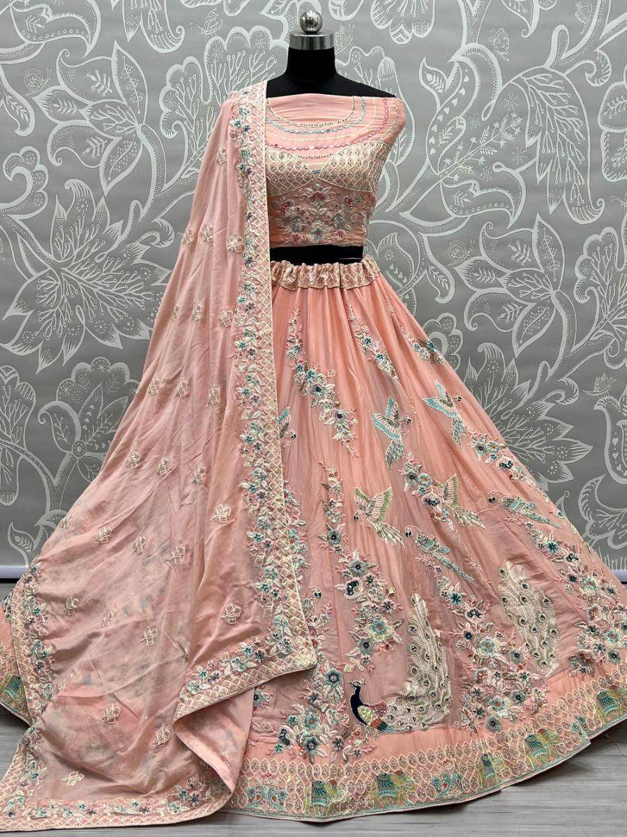 Fascinating Peach Thread Embroidery Silk Lehenga Choli With Dupatta