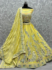 Appealing Yellow Thread Embroidery Silk Lehenga Choli With Dupatta