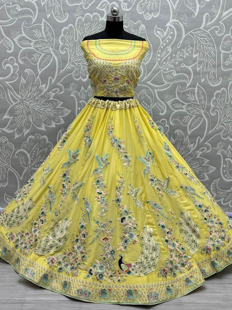 Appealing Yellow Thread Embroidery Silk Lehenga Choli With Dupatta