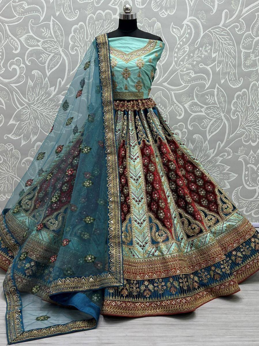Turquoise and red embroidered lehenga choli with sheer dupatta, Indian ethnic wear for weddings