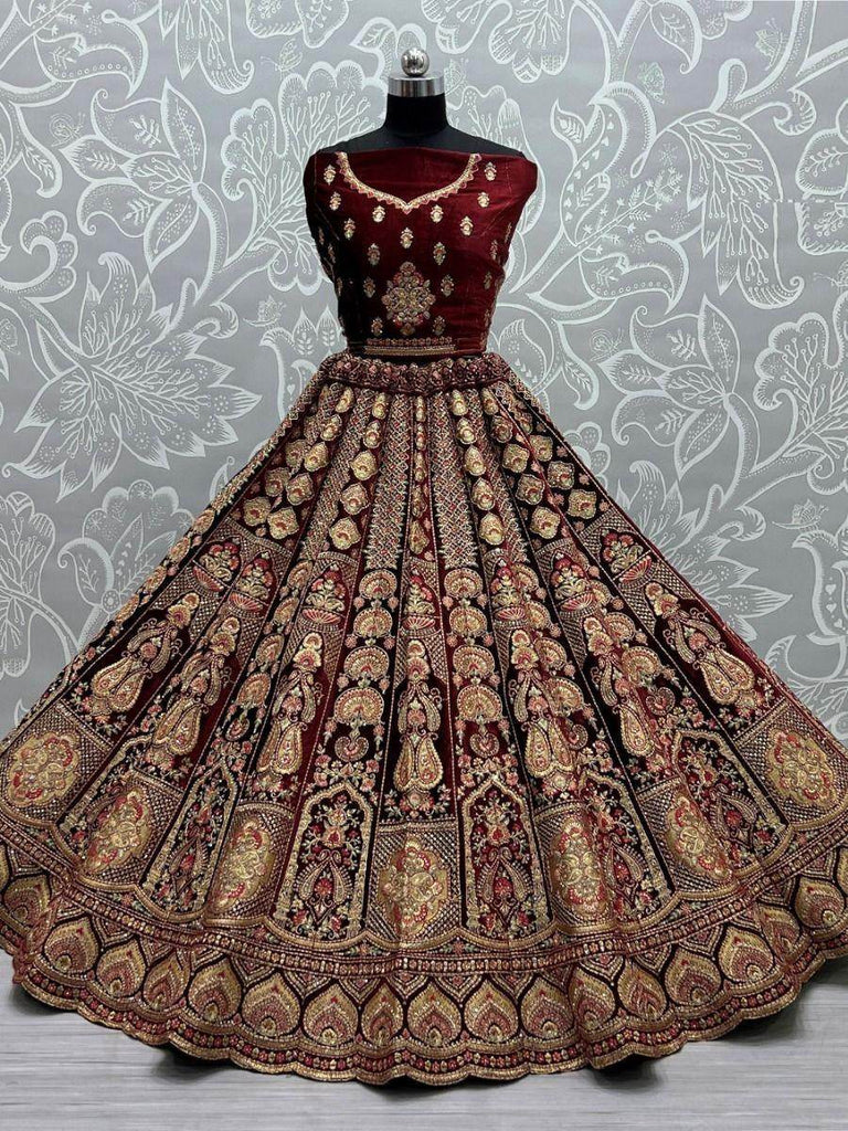 Appealing Maroon Fancy Embroidered Velvet Bridal Lehenga Choli