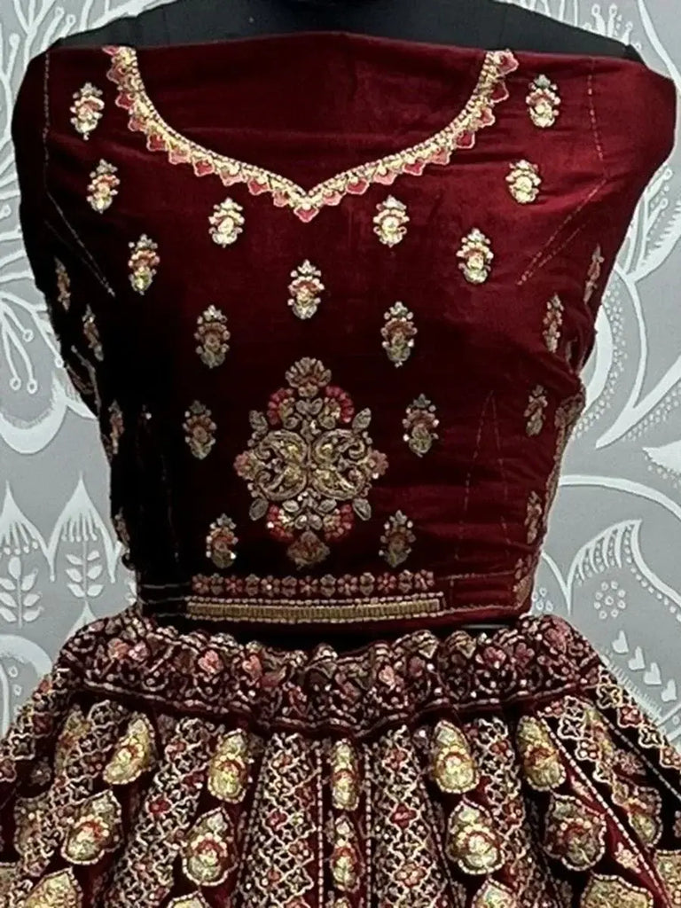 Appealing Maroon Fancy Embroidered Velvet Bridal Lehenga Choli