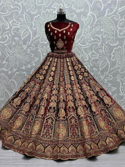 Appealing Maroon Fancy Embroidered Velvet Bridal Lehenga Choli