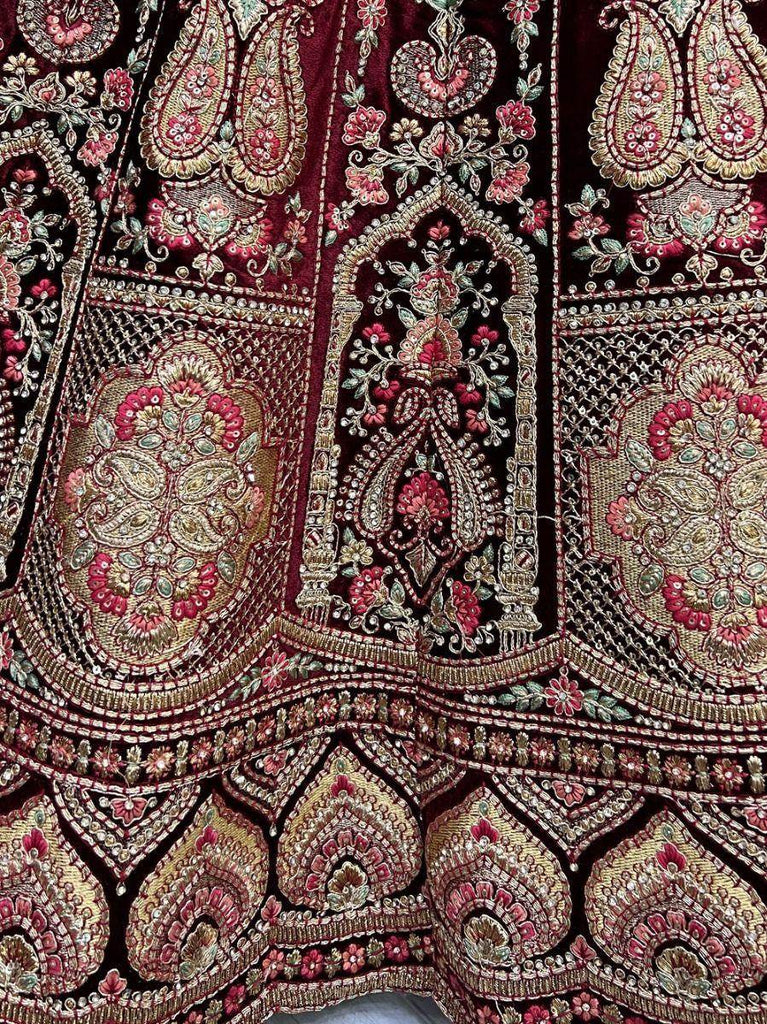 Appealing Maroon Fancy Embroidered Velvet Bridal Lehenga Choli