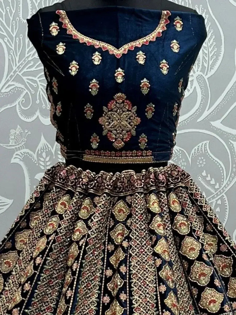 Prodigious Blue Fancy Embroidery Velvet Wedding Wear Lehenga Choli