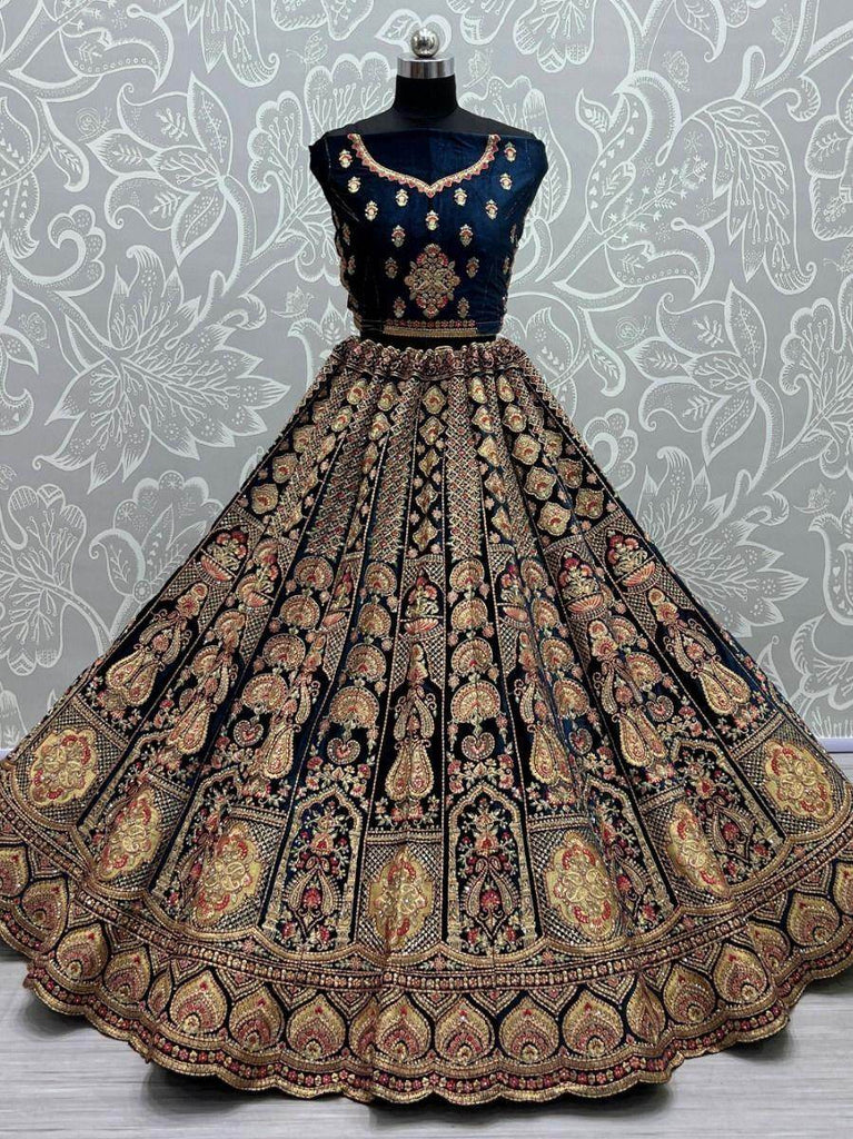 Prodigious Blue Fancy Embroidery Velvet Wedding Wear Lehenga Choli