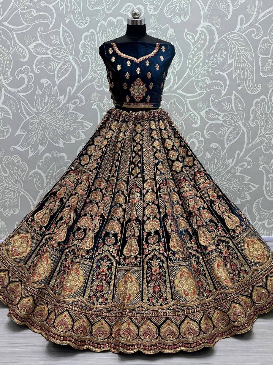 Designer navy blue lehenga choli with gold and red embroidery, ethnic wear for weddings