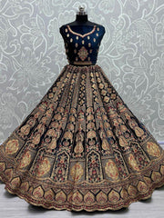 Prodigious Blue Fancy Embroidery Velvet Wedding Wear Lehenga Choli