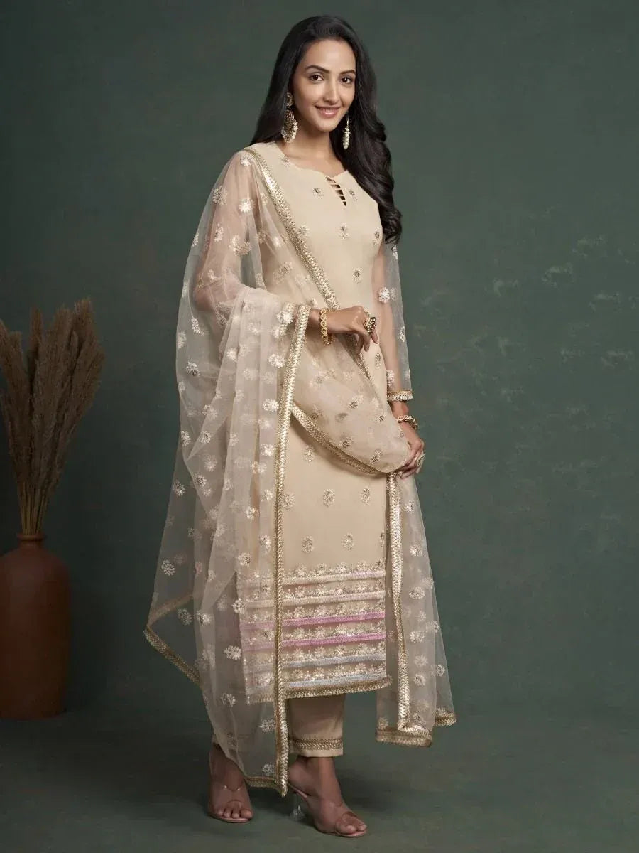 Beige embroidered salwar kameez with sheer dupatta, ethnic Indian wear for women