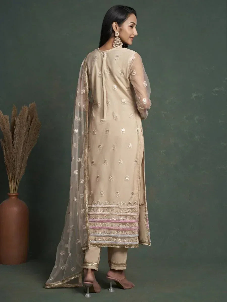 Beige embroidered salwar kameez with sheer dupatta, ethnic Indian wear for women
