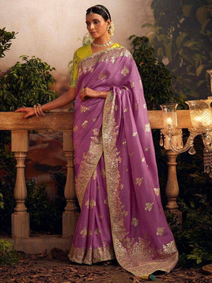 Purple designer saree with gold embroidery, paired with yellow blouse, perfect for Indian ethnic occasions