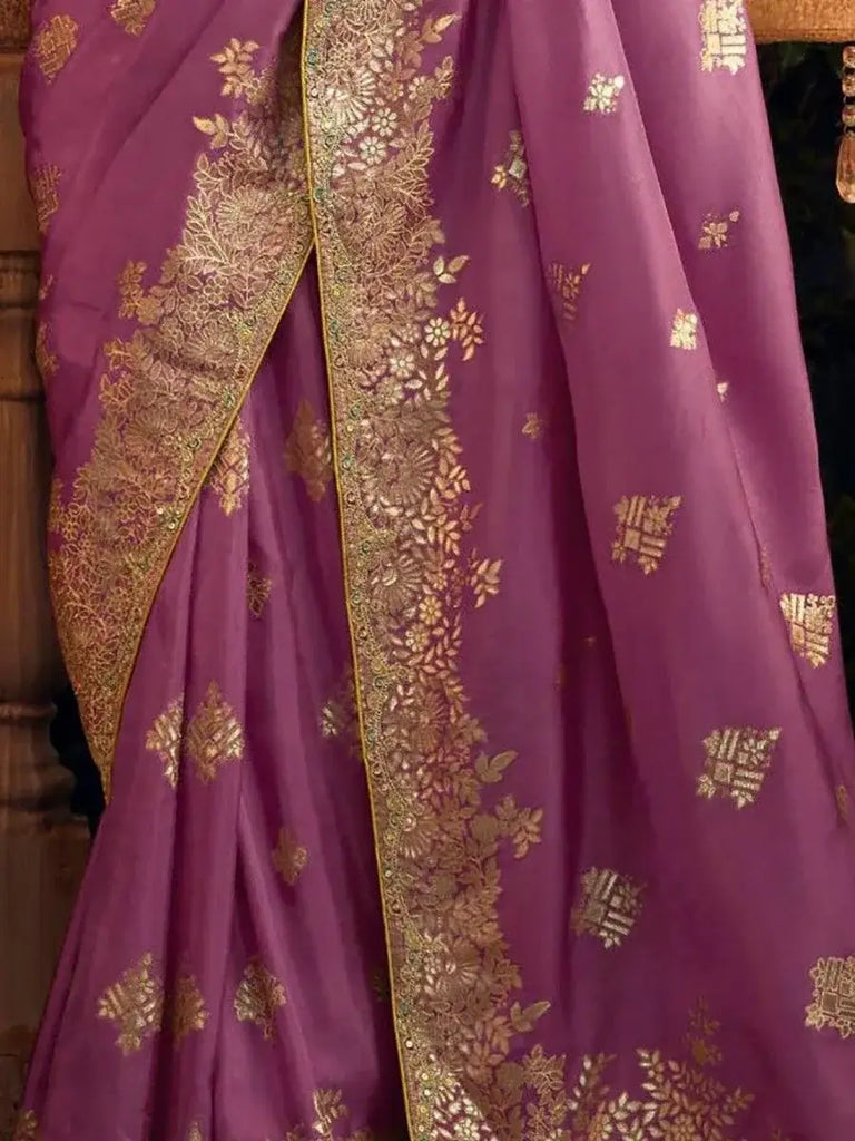 Attractive Purple Embroidered Dola Silk Festival Wear Saree