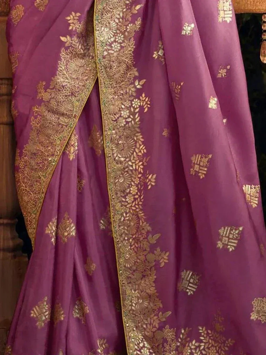 Purple saree with gold floral embroidery and zari border, Indian ethnic wear
