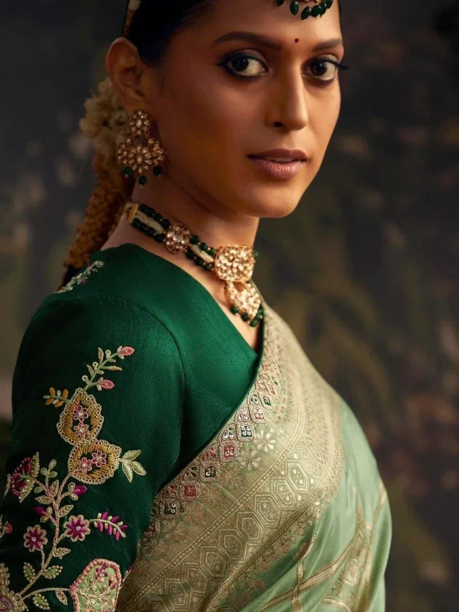 Gorgeous Sea Green Zari Woven Dola Silk Traditional Saree With Blouse