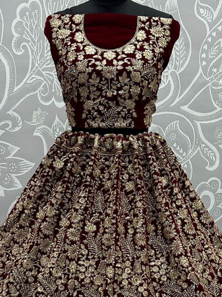 Glamorous Maroon Floral Embroidered Velvet Bridal Lehenga Choli