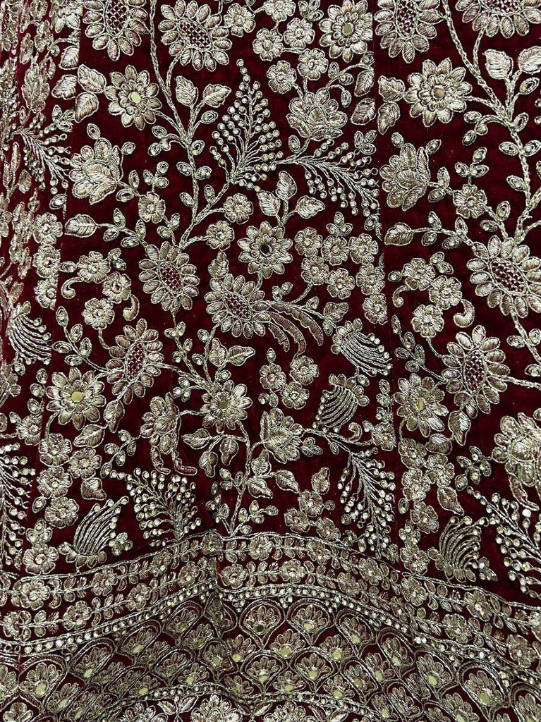 Glamorous Maroon Floral Embroidered Velvet Bridal Lehenga Choli
