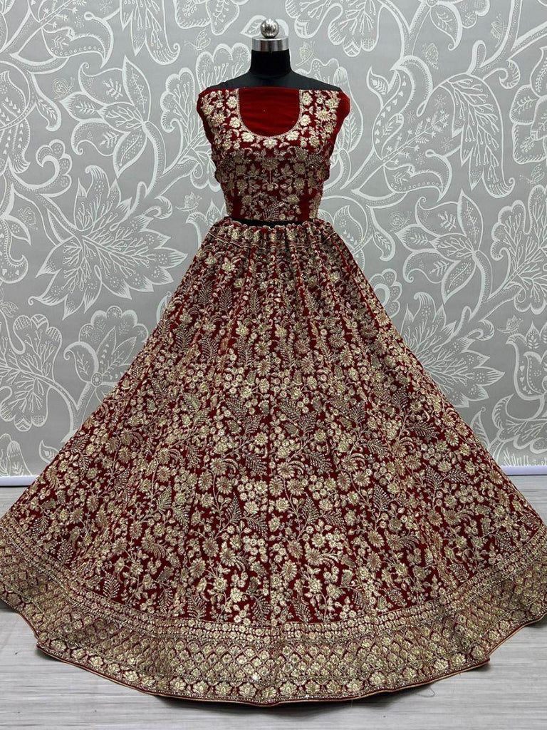 Graceful Red Floral Embroidered Velvet Lehenga Choli