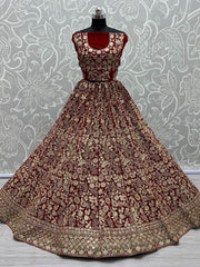 Graceful Red Floral Embroidered Velvet Lehenga Choli