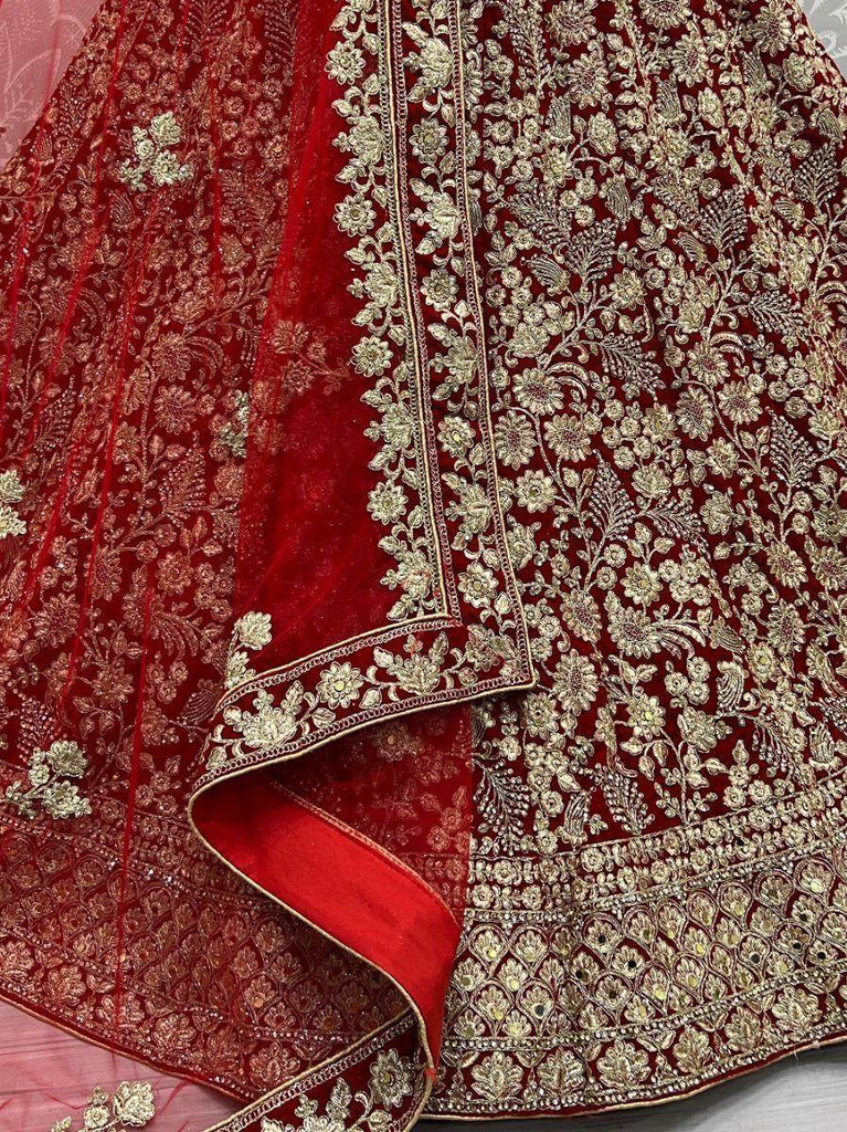 Graceful Red Floral Embroidered Velvet Lehenga Choli