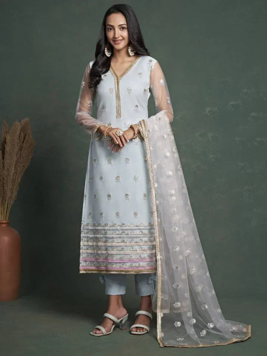 Light blue embroidered salwar kameez with sheer dupatta, ethnic wear for women