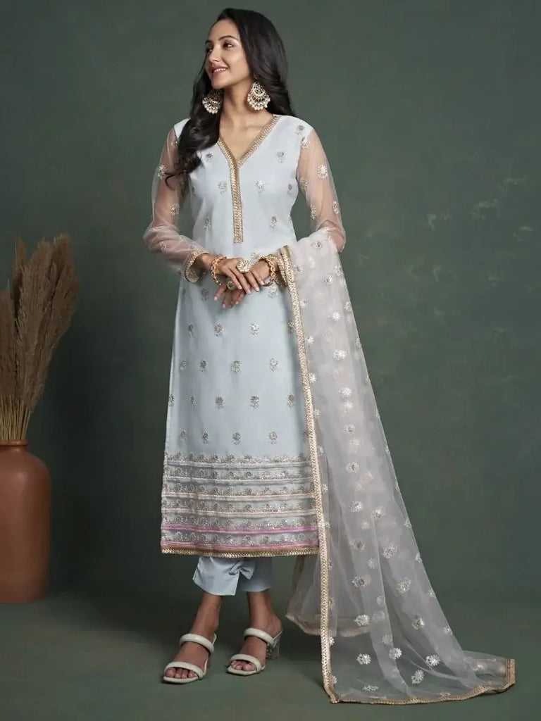 Captivating Sky Blue Embroidered Net Occasion Wear Salwar Kameez