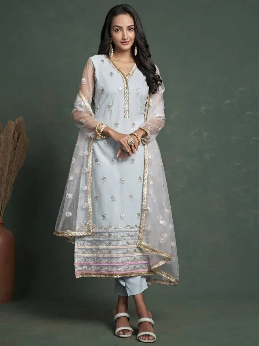 Light blue embroidered kurta with sheer dupatta, ethnic wear for women