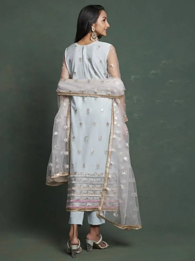 Captivating Sky Blue Embroidered Net Occasion Wear Salwar Kameez