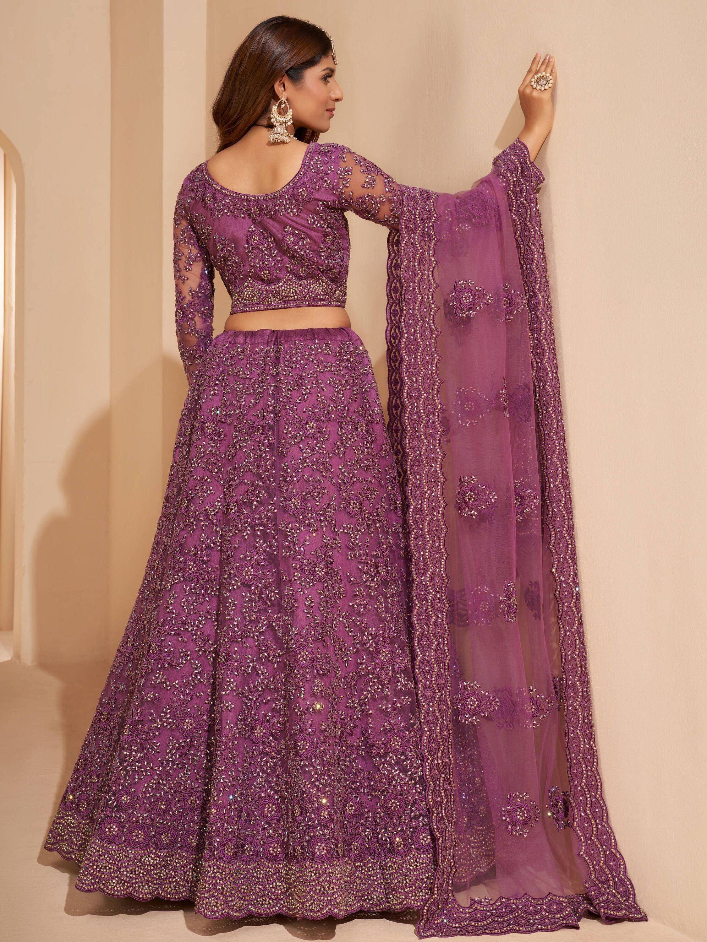 Purple embroidered lehenga choli with sheer dupatta, Indian ethnic wear for weddings