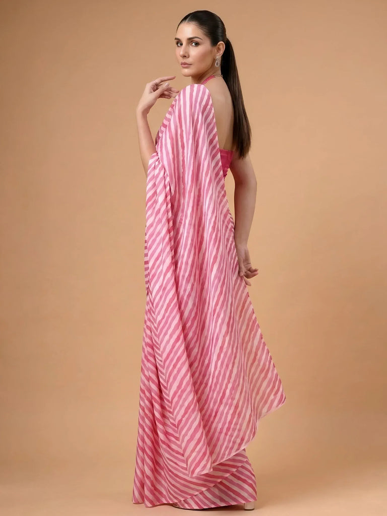 Fascinating Pink Laheriya Printed Satin Wedding Wear Saree With Blouse