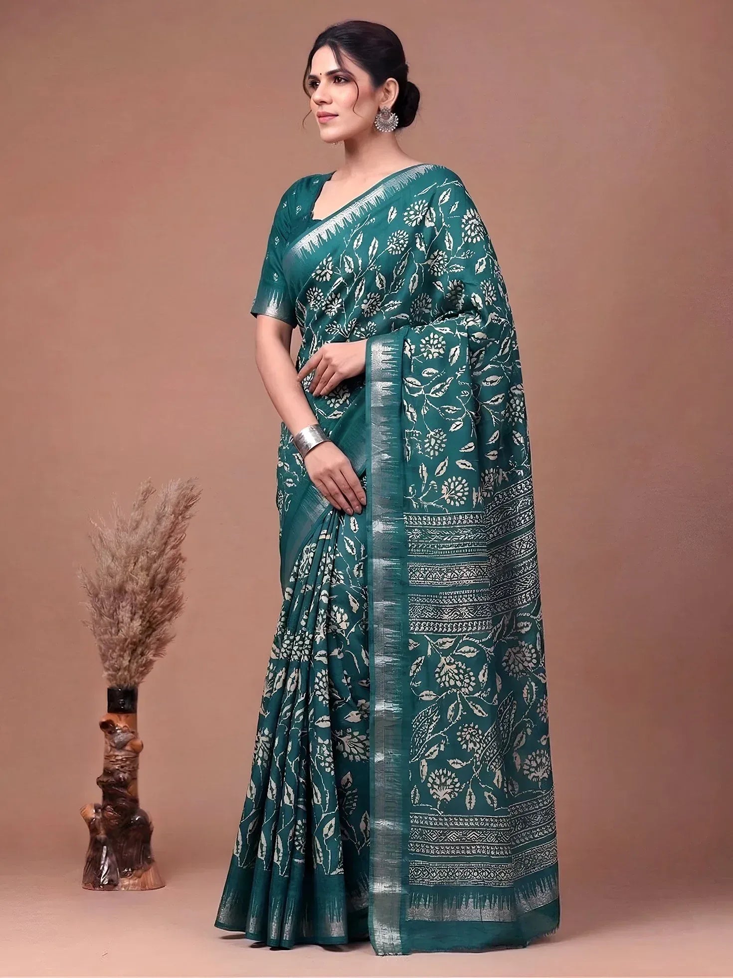 Rich Teal Green Zari Border Silk Festive Wear Saree With Blouse