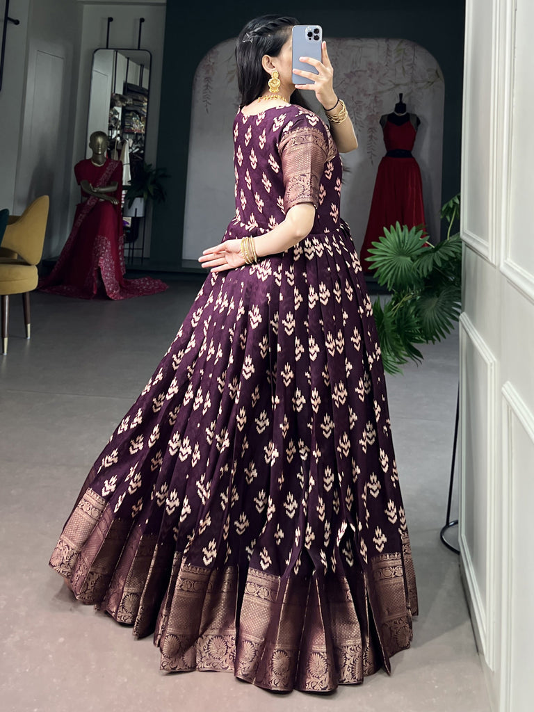 Captivating Wine Zari Weaving Cotton Traditional Gown
