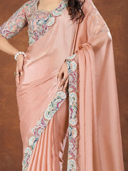 Amazing Peach Heavy Border Work Silk Festival Wear Saree With Blouse
