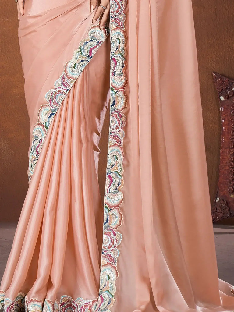 Amazing Peach Heavy Border Work Silk Festival Wear Saree With Blouse