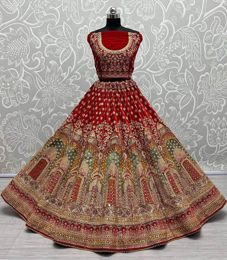 Royal Red Velvet Wedding Wear Embroidery Lehenga Choli