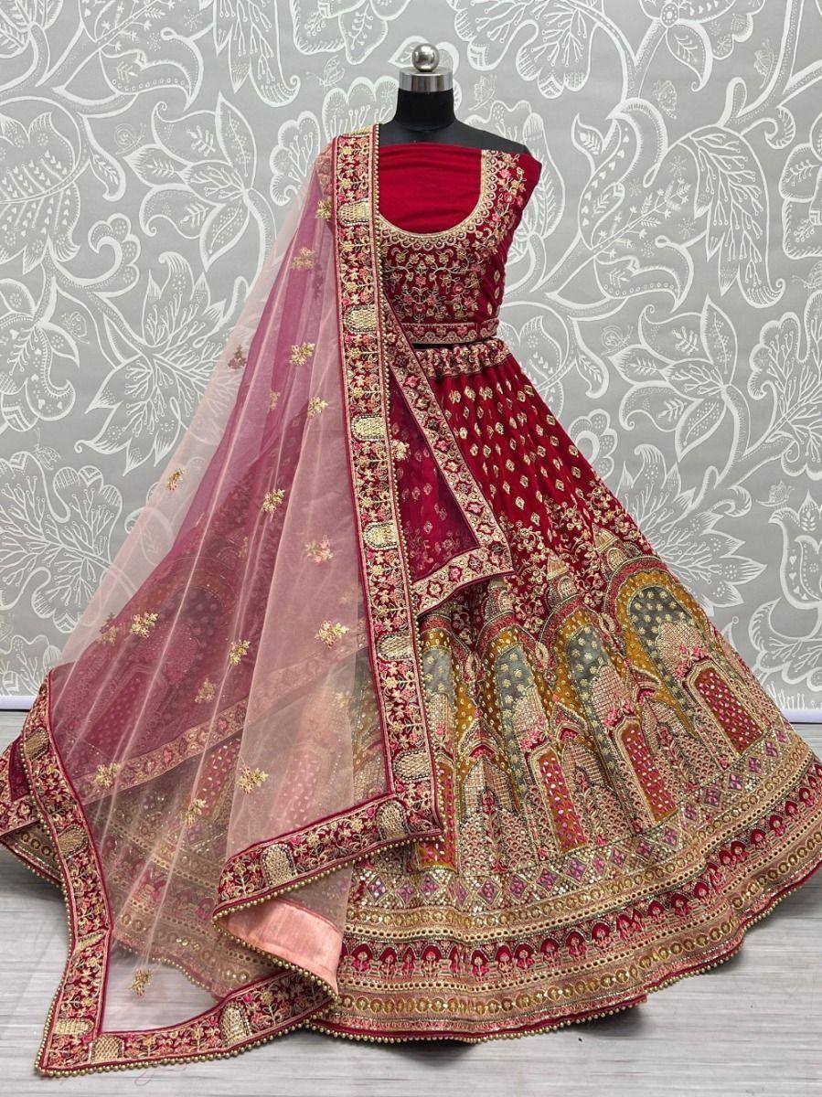 Red and gold embroidered lehenga choli with sheer dupatta, Indian ethnic wear for weddings