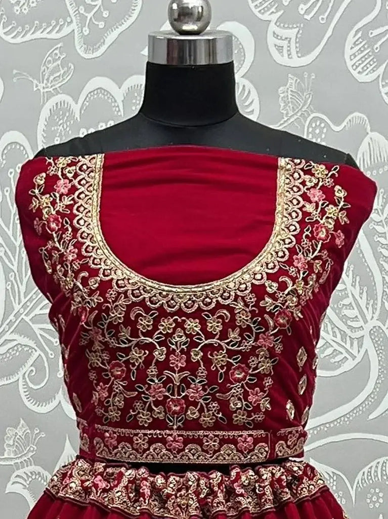 Deep Maroon Velvet Wedding Wear Embroidery Lehenga Choli