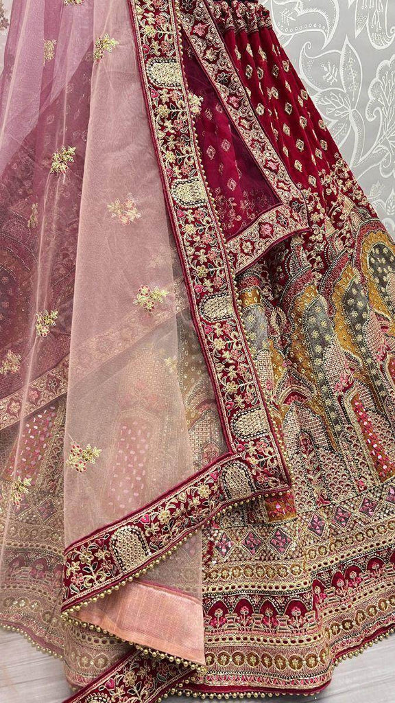 Deep Maroon Velvet Wedding Wear Embroidery Lehenga Choli