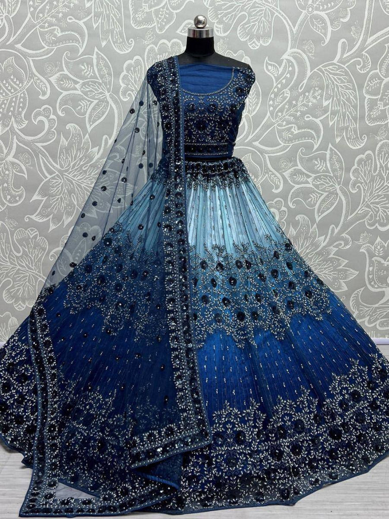 Blue embroidered lehenga choli with net dupatta, designer Indian ethnic wear for weddings