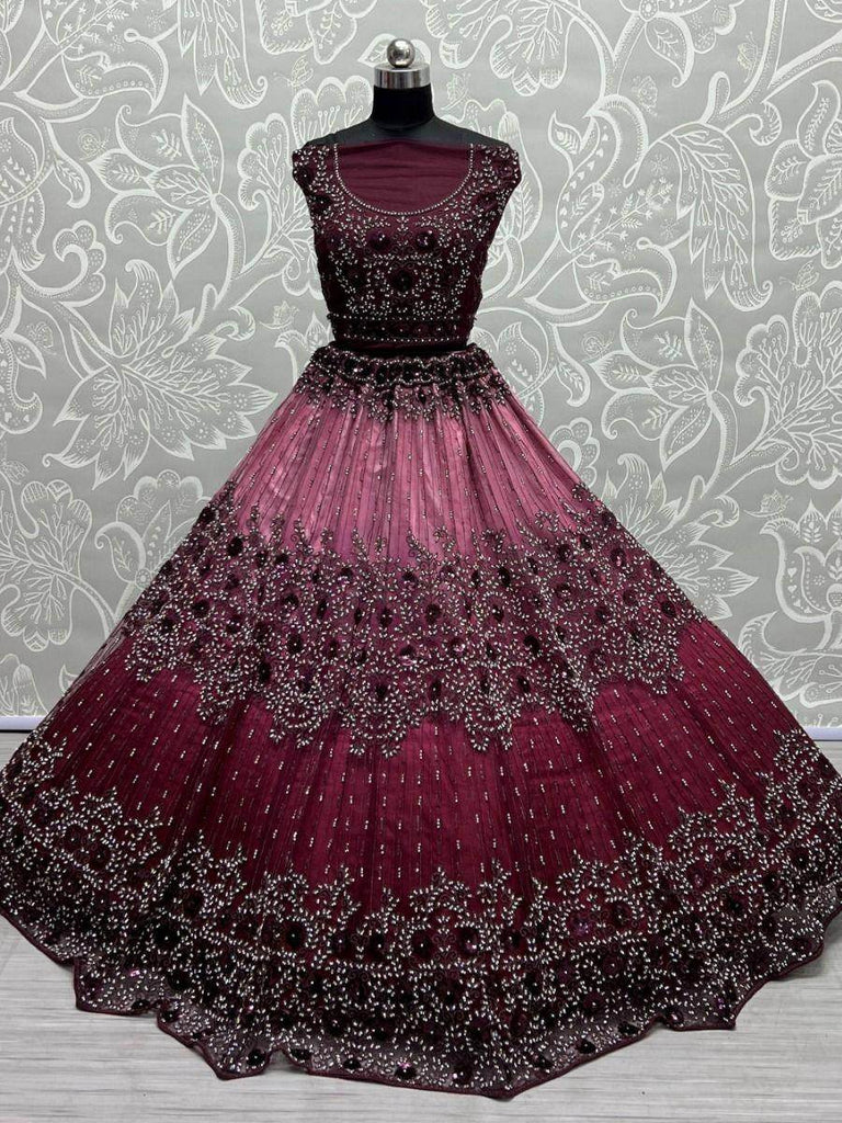 Attractive Wine-Pink Heavy Embroidered Wedding Lehenga Choli