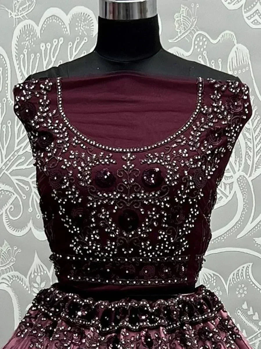 Burgundy embroidered lehenga choli with crystal embellishments, perfect for Indian ethnic wear occasions